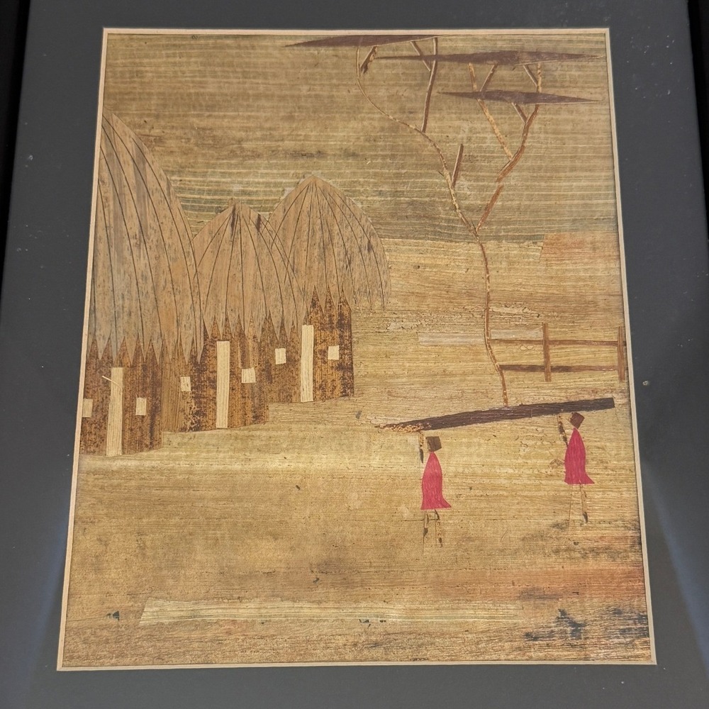 Vintage Framed Art Banana Leaf African Village Scene 11x14 Black Frame‎ Folk Art